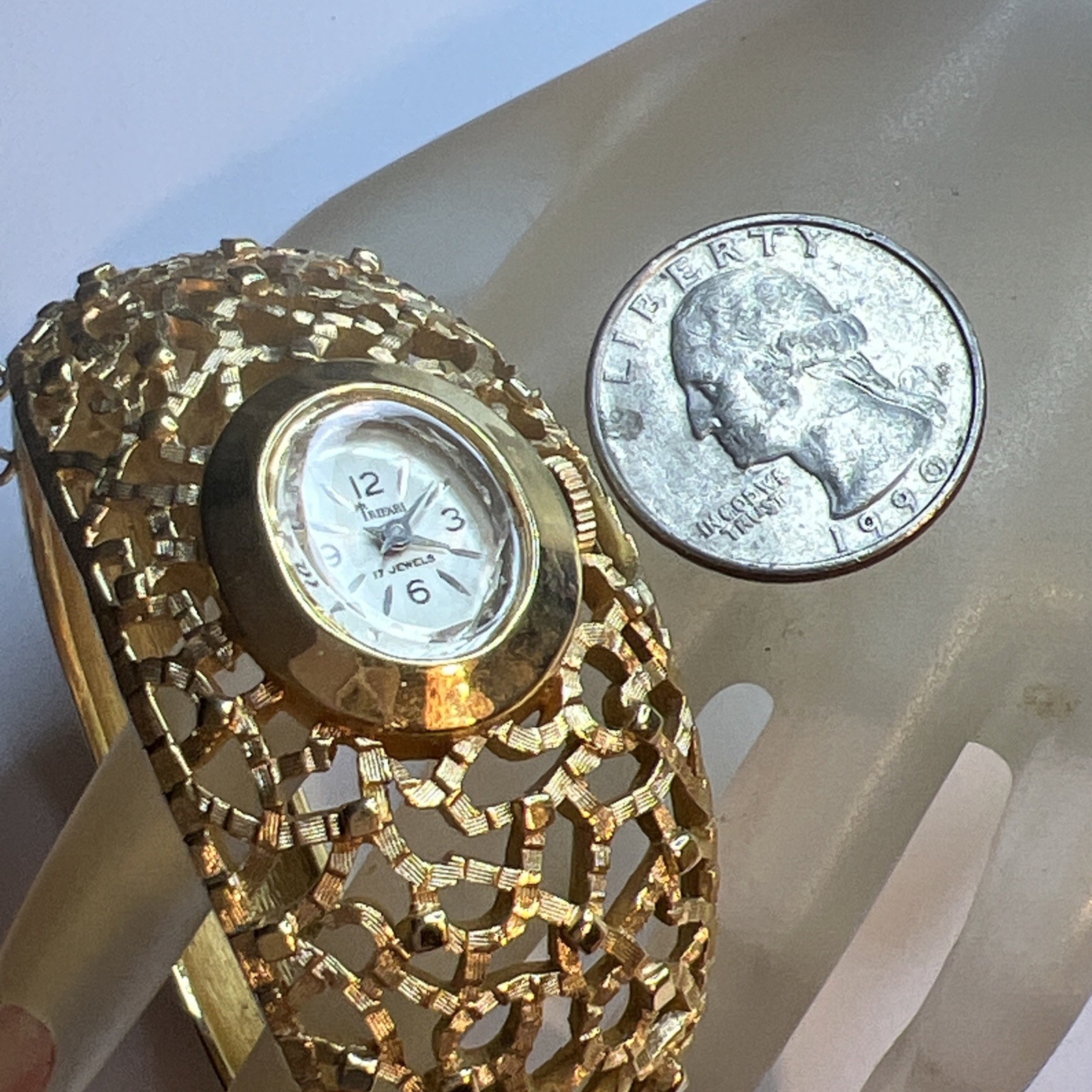 Crown Trifari Women Gold Tone Brutalist Bracelet 17 Jewel Watch RARE Project