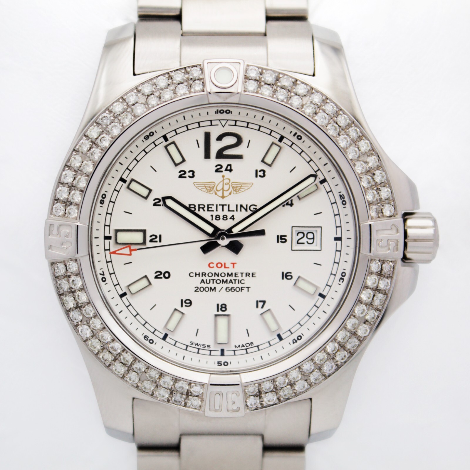 Breitling Colt Automatic A17388 44mm Custom Diamond Bezel White Dial Steel B&P