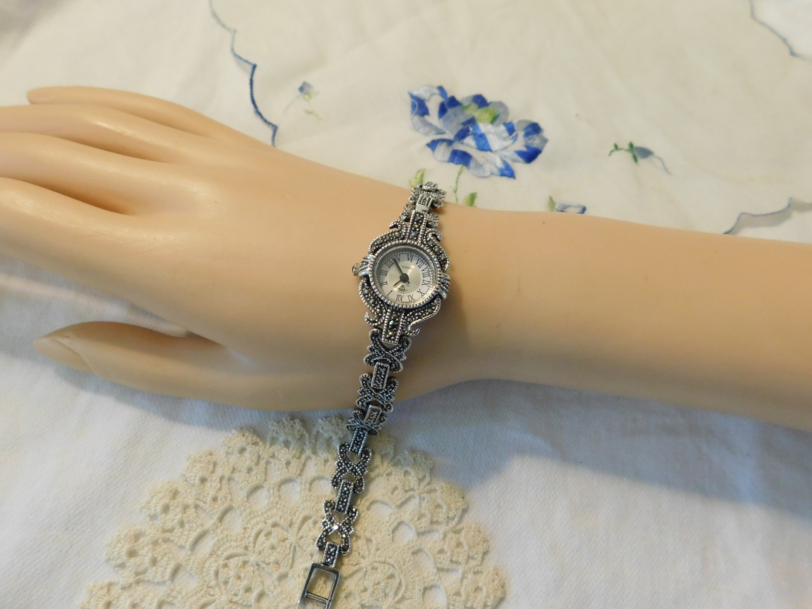 Sterling Silver Marcasite Quartz Watch 925 Art Deco Style WORKS