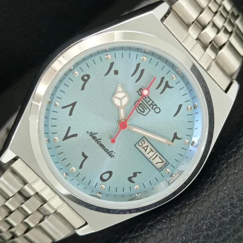 Vintage Seiko 5 Automatic Japan 6309a Refurbished Mens Arabic Figure Sky Blue Co