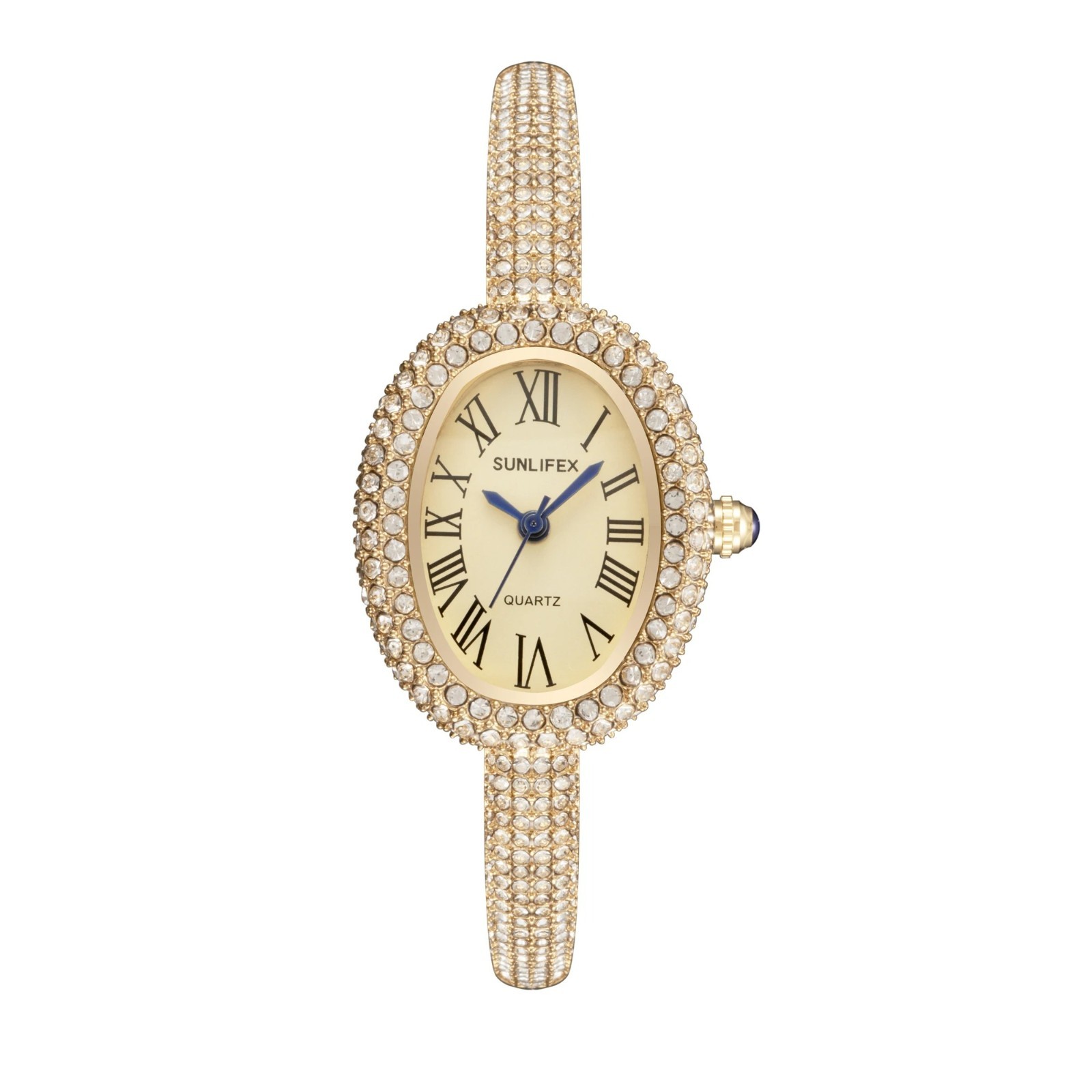 Luxury Crystal Oval Bangle Watch For Women Roman Numeral Dial Rhinestone Inlaid