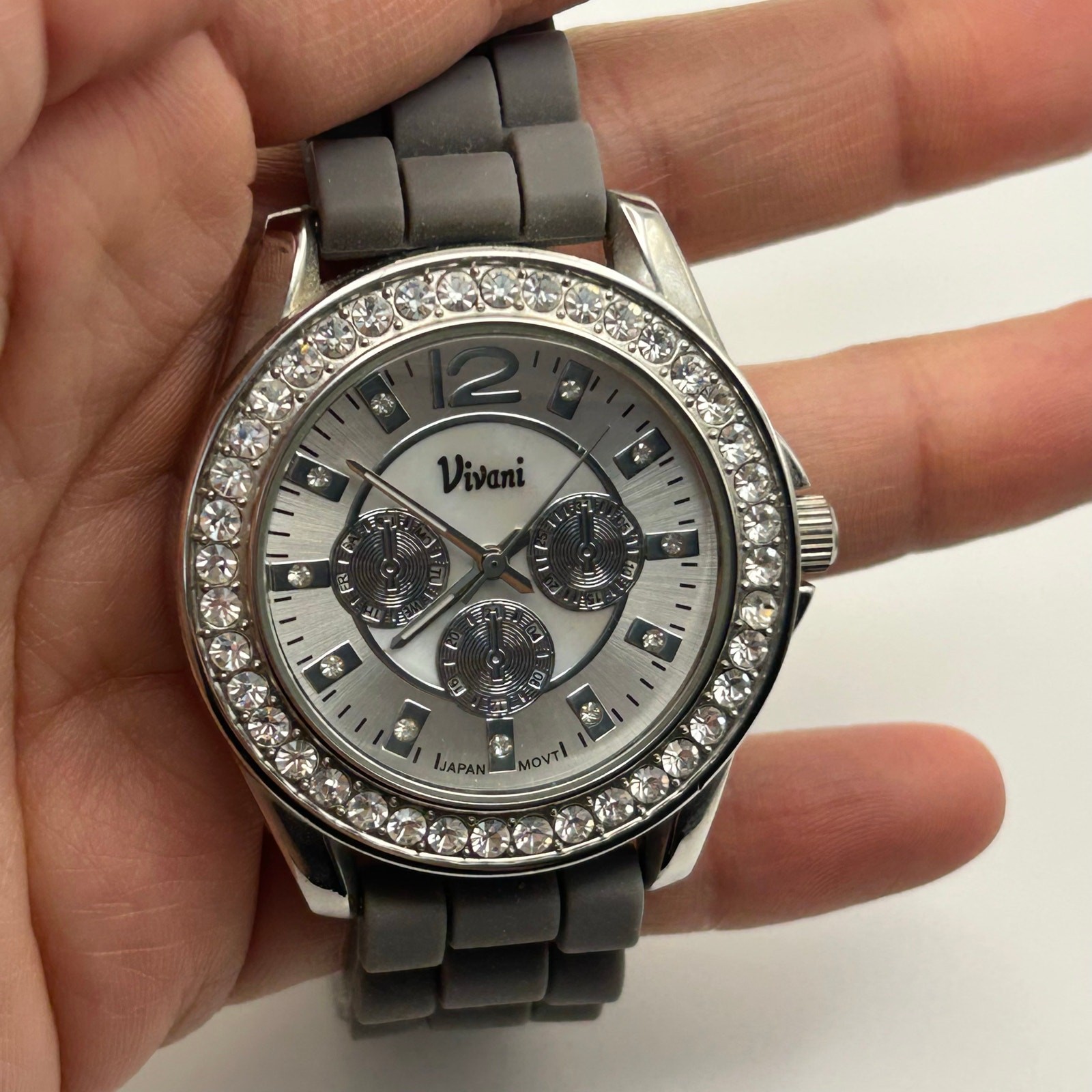 Vivani Silver Tone Dial Round Crystal Accent Case Gray Silicone Band Watch