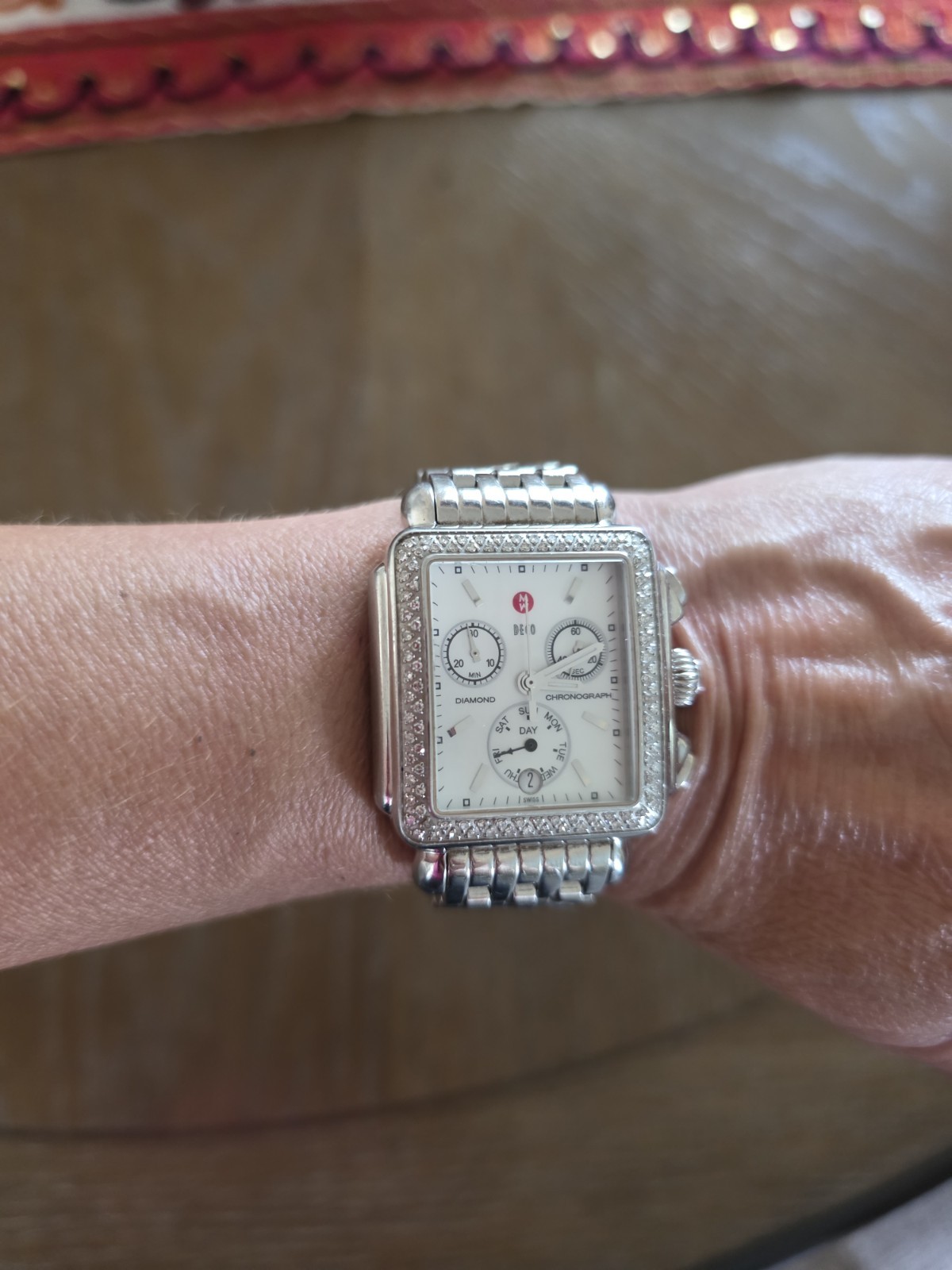 MICHELE Deco Women’s Silver Stainless Steel White Dial Diamond Chronograph 50m