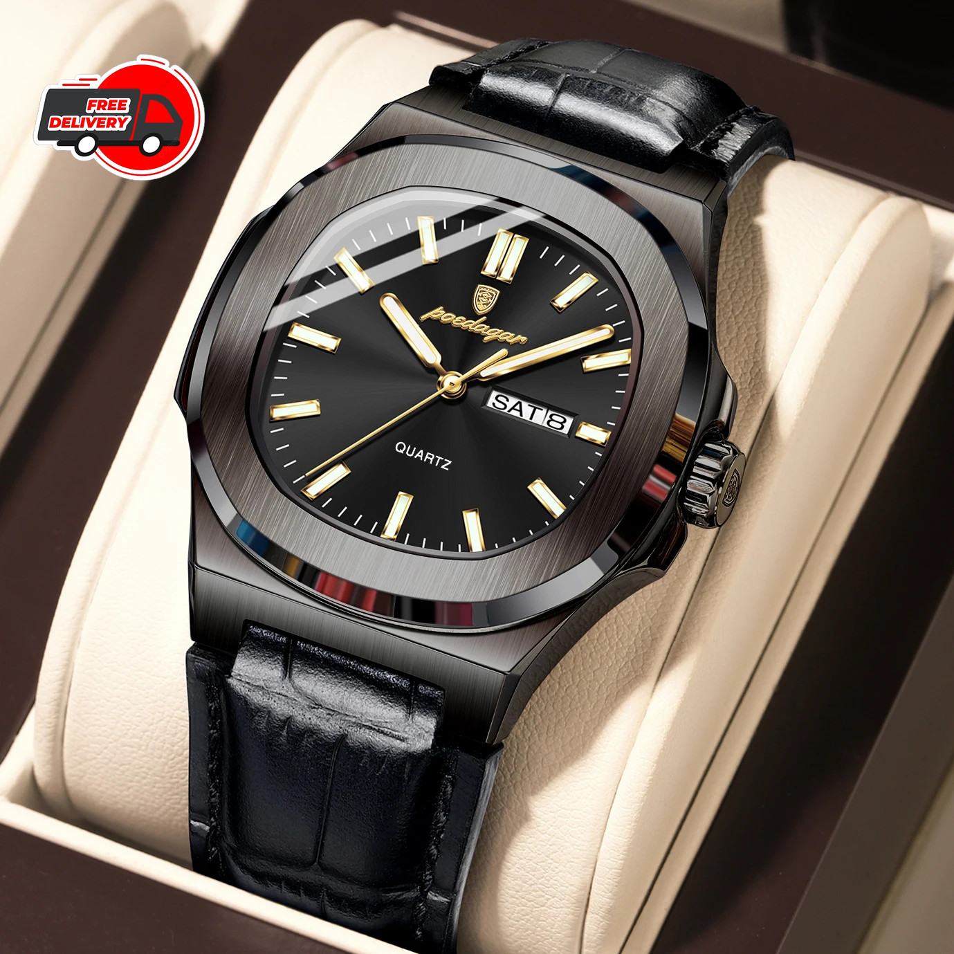Poedagar Luxury Square Men Leather Watch Date Waterproof Luminous Wristwatch