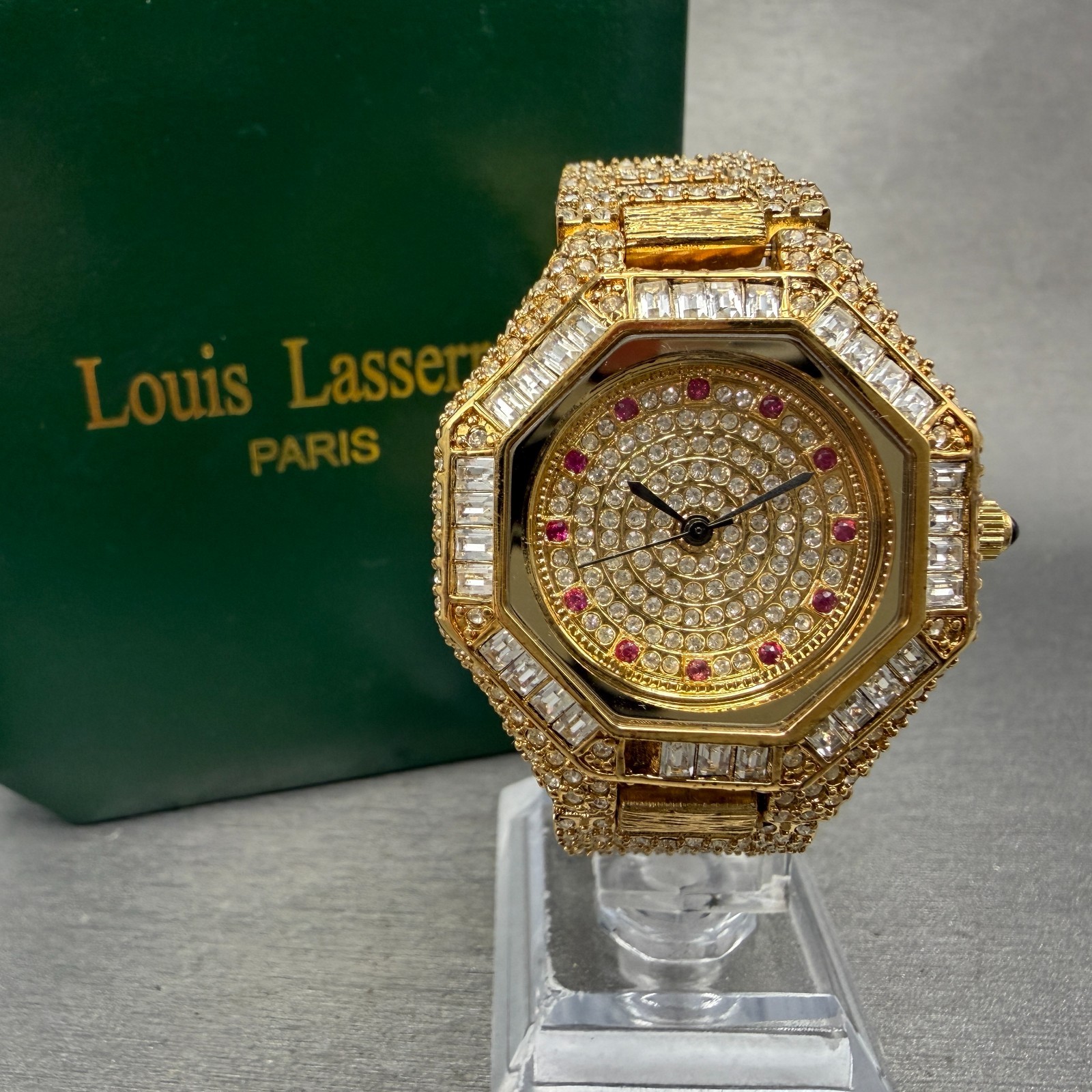 Louis Lasserre Watch Women 36mm Gem Dial Gold Tone Gem Set Bezel Octagon New Bat