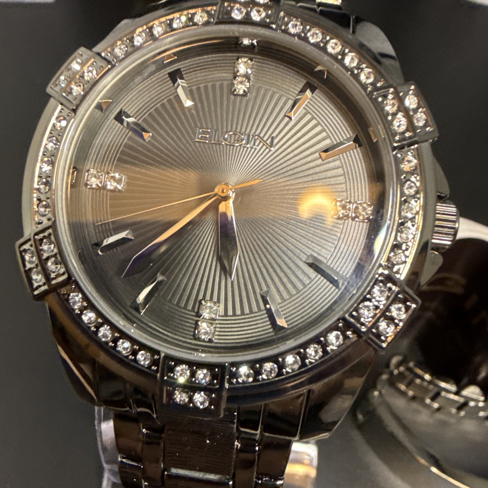 Elgin Men’s Gun Metal Watch & Matching Bracelet Set with 54 Genuine Crystals NEW