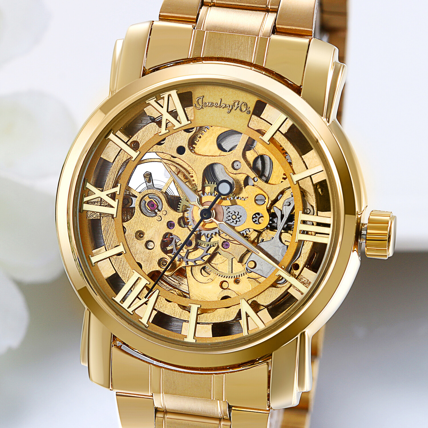 Men’s Luxury Gold Tone Stainless Steel Skeleton Automatic Mechanical Wrist Watch
