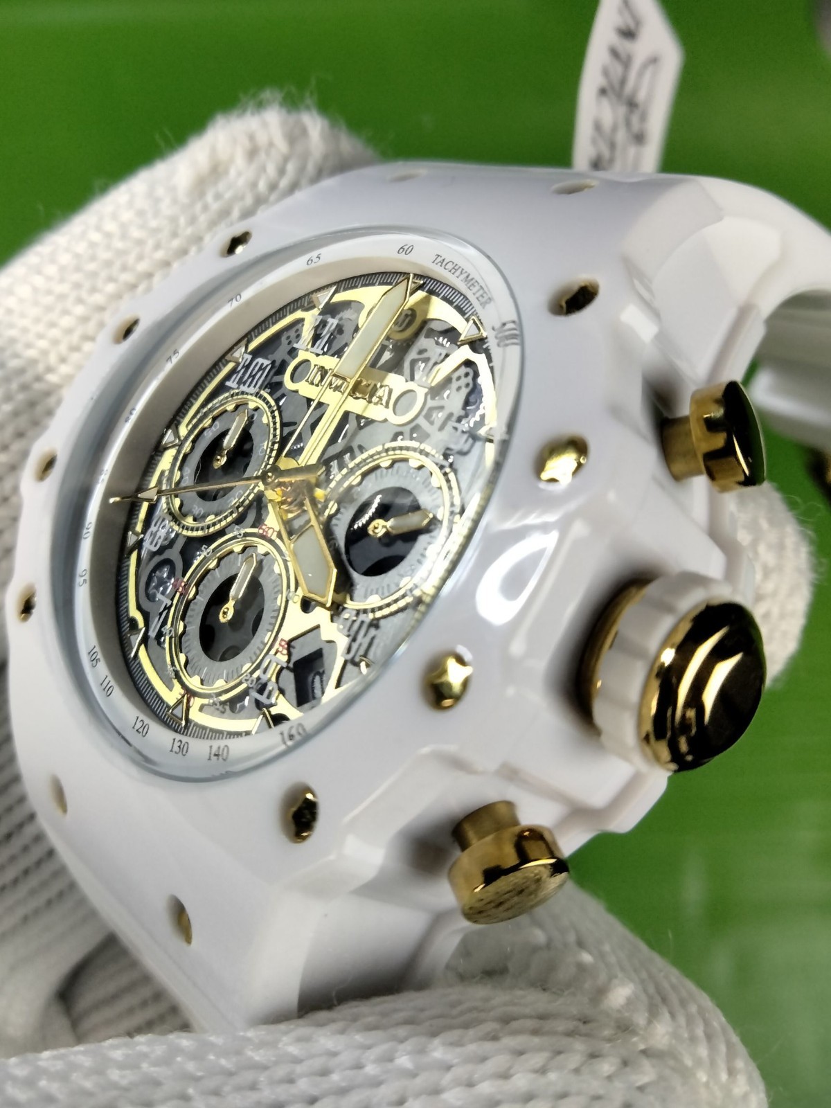 Invicta Racing 69649 Men White Skeleton Gold Dial Silicone Quartz Watch 43.5 mm