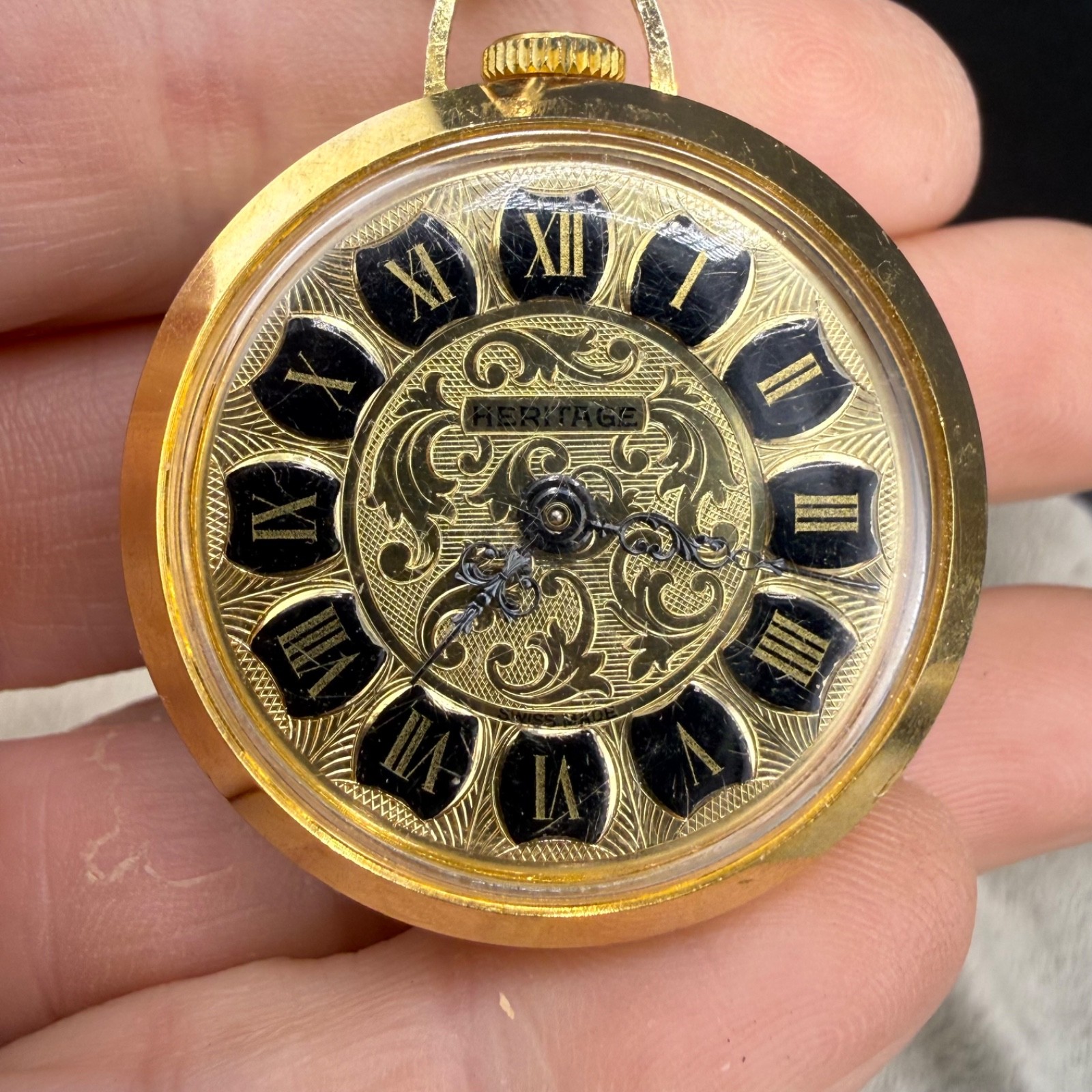 Vintage Heritage Pocket Watch Pendant Gold Tone Winds and Ticks 25”