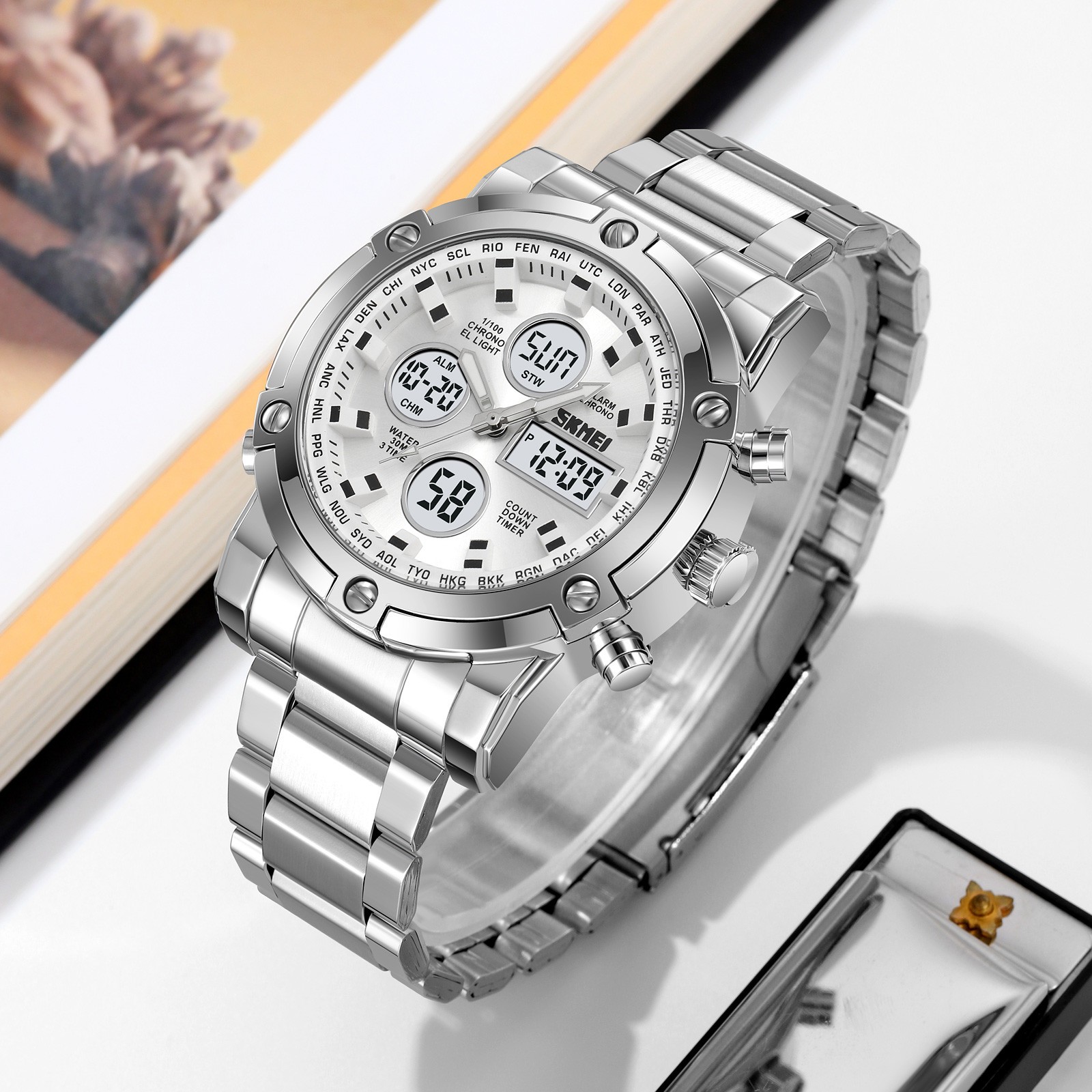 SKMEI Men Quartz Watch LED Digital Wristwatch Casual Male Steel Alarm Watches