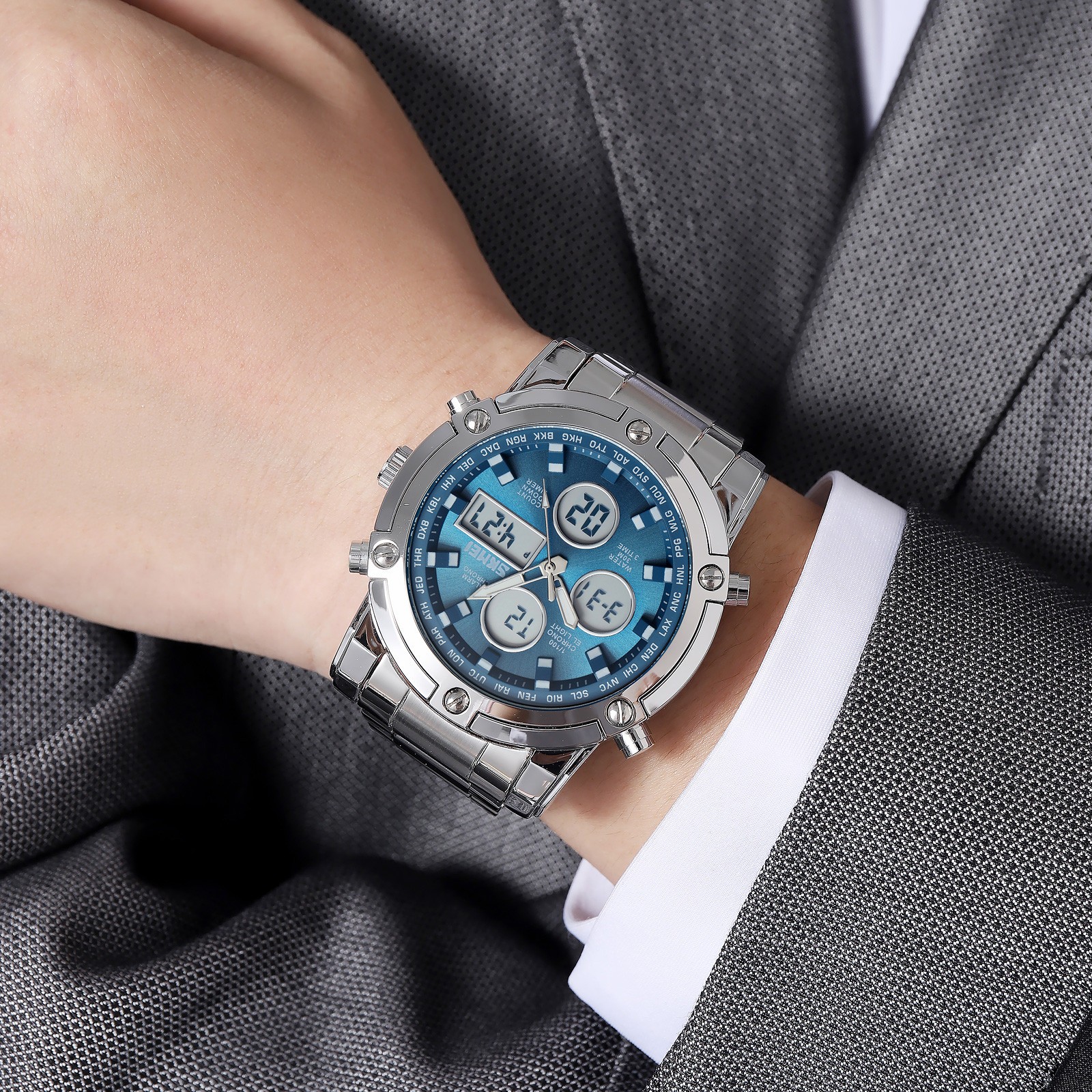 SKMEI Men Quartz Watch LED Digital Wristwatch Casual Male Steel Alarm Watches