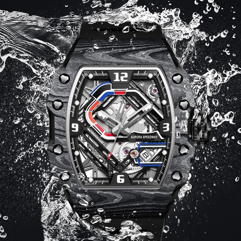 HANBORO Men Automatic Watch Tonneau Mechanical Wristwatch Carbon Fiber Racetrack