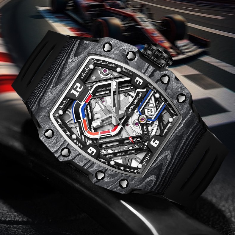 HANBORO Men Automatic Watch Tonneau Mechanical Wristwatch Carbon Fiber Racetrack