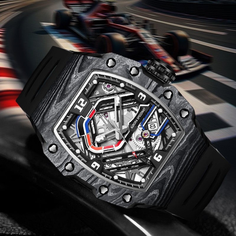 HANBORO Men Automatic Watch Tonneau Mechanical Wristwatch Carbon Fiber Racetrack