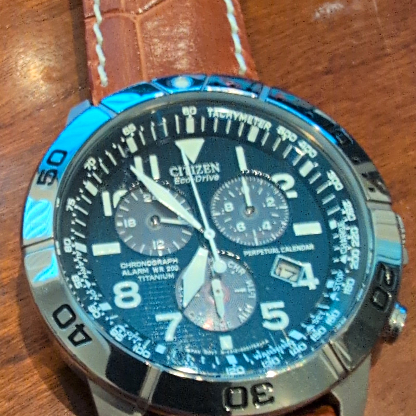 Citizen Eco-Drive Chronograph Perpetual Calendar 200m Blue Dial Brown Leather