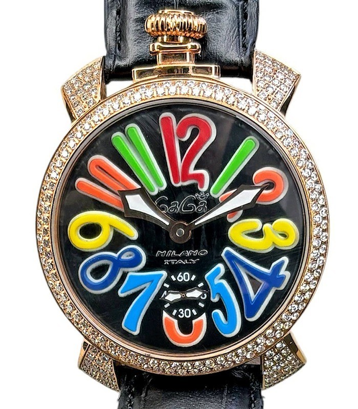 GaGa Milano Manuale 48mm CZ Crystal Full Pavé Setting Black Dial Hand-Wind Watch