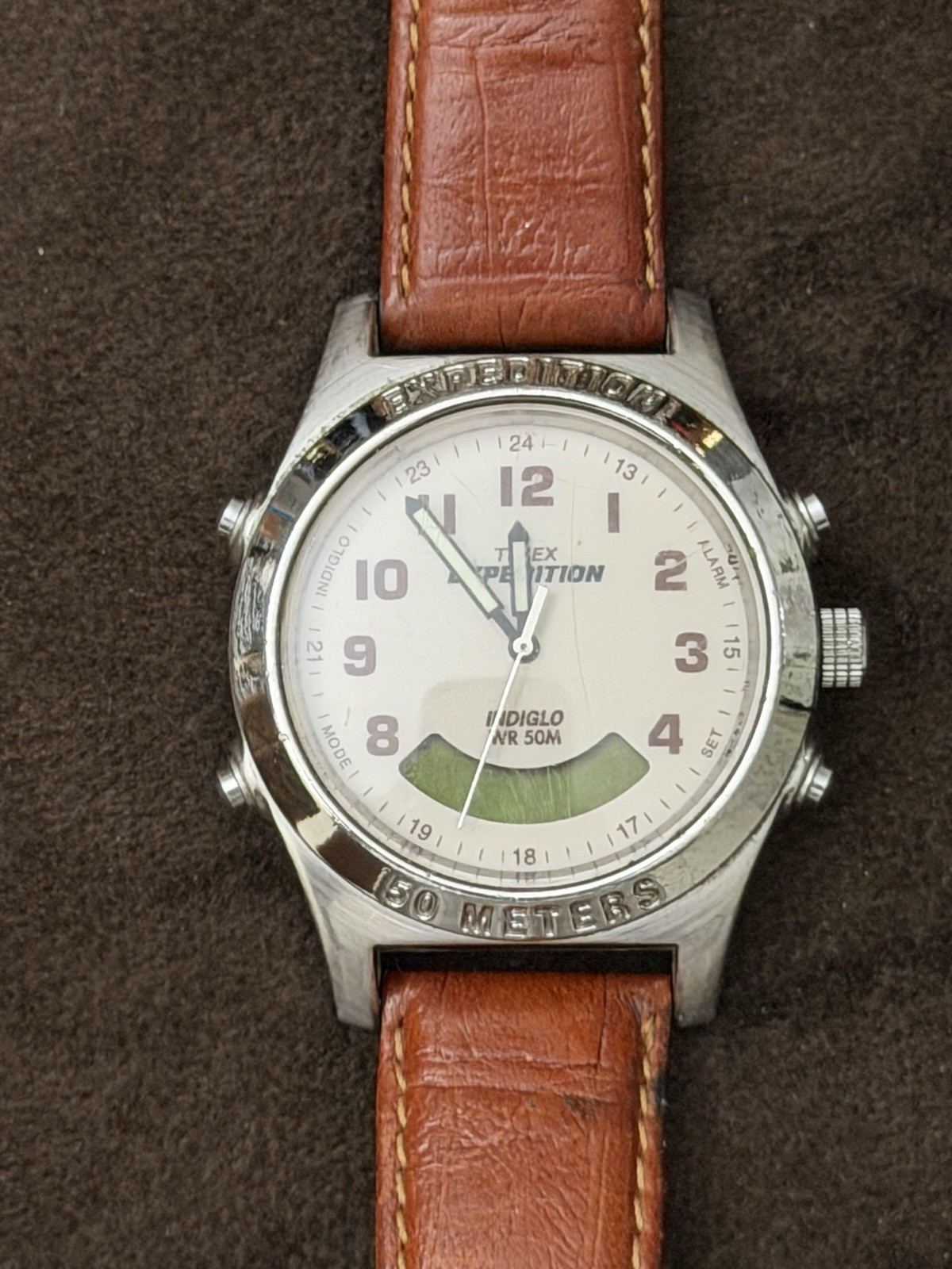 Timex Expedition Quartz Analog Indiglo 24-Hour White Dial Brown Leather 50m