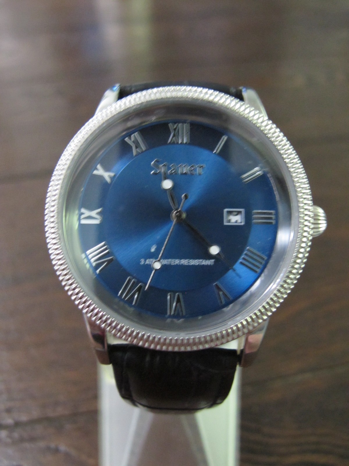 Stauer Wristwatch Blue Sunburst Dial Black Leather Strap Silver Case Roman Nume…
