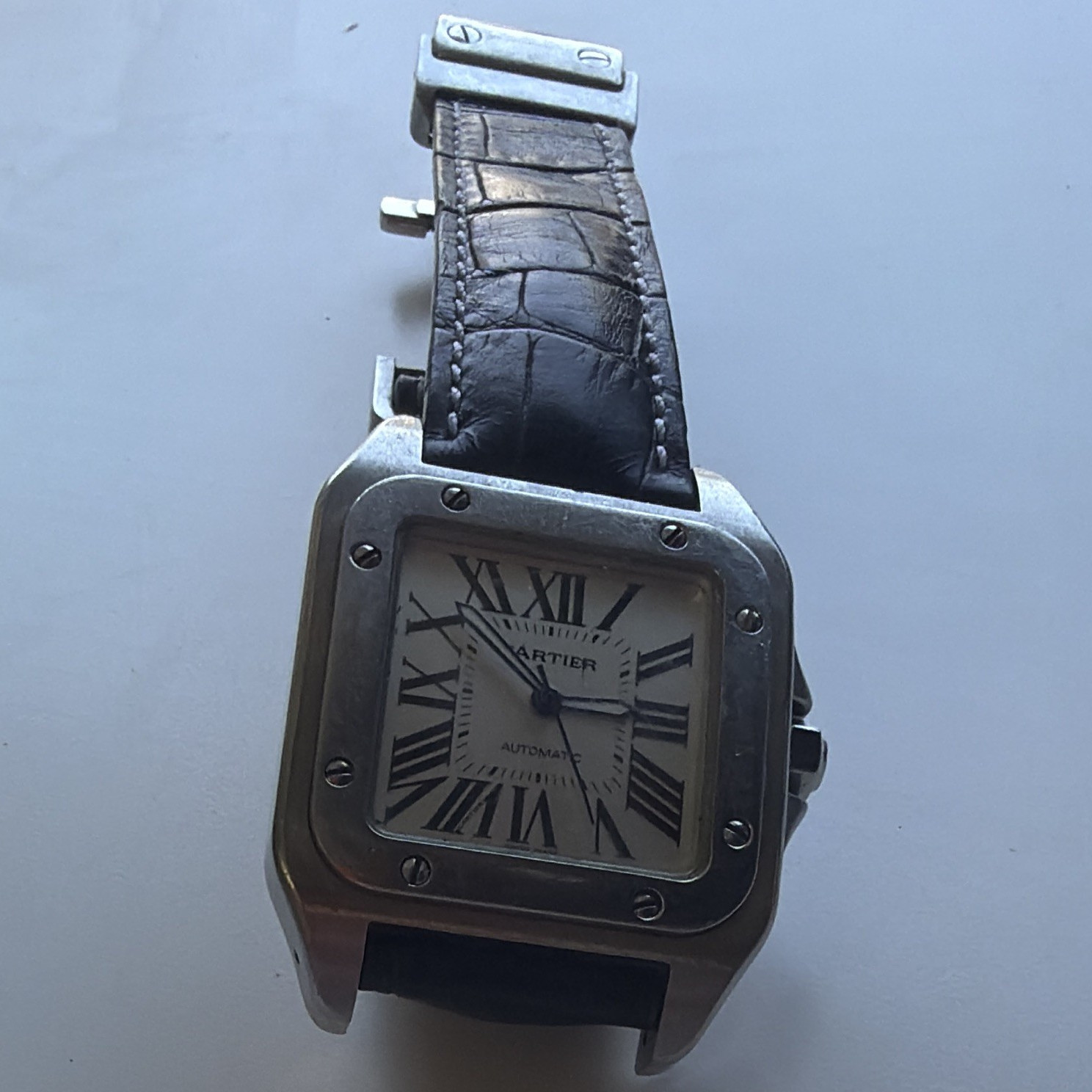 Cartier Santos Automatic Stainless Steel Square Watch White Roman Dial Black