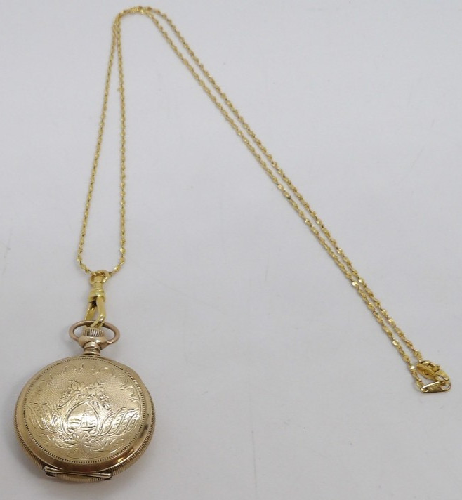 Antique Elgin 1910 Gold filled 20 year Stem Set Pocket Watch Necklace Locket