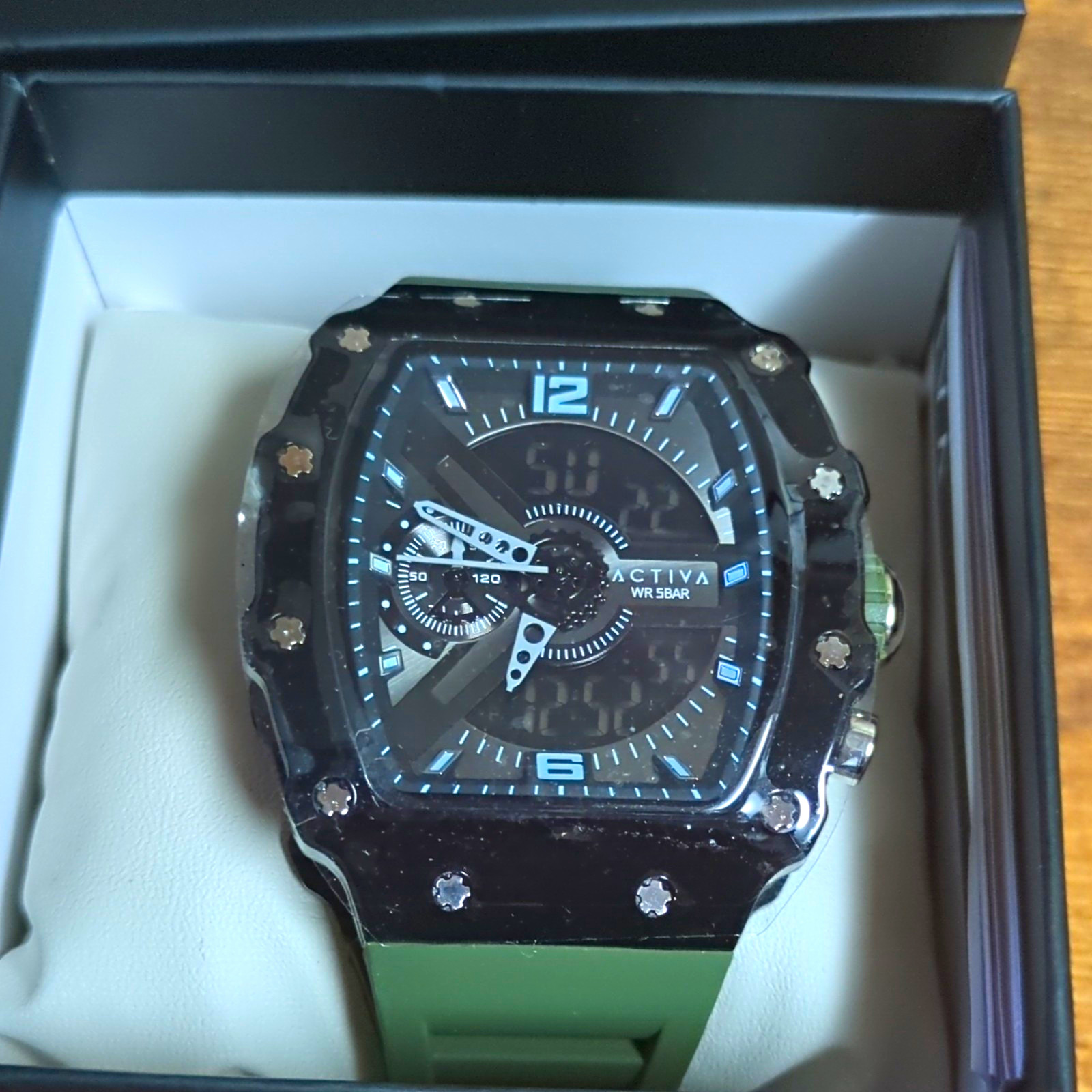 Activa Men’s Analog-Digital Quartz Watch 50m WR Black Dial Green Strap w/Box