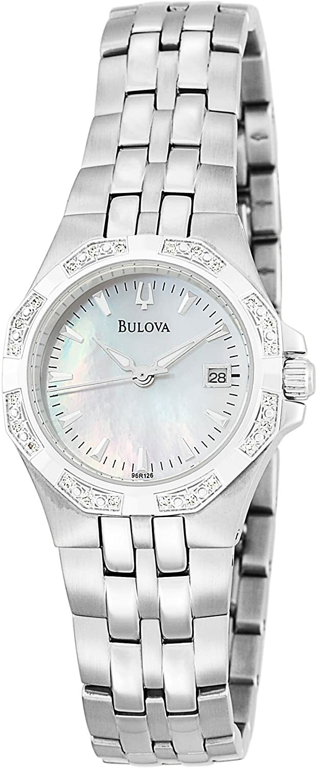 Bulova 96R126 24 Diamond Silver Tone White Mother of Pearl Dial Womens Watch