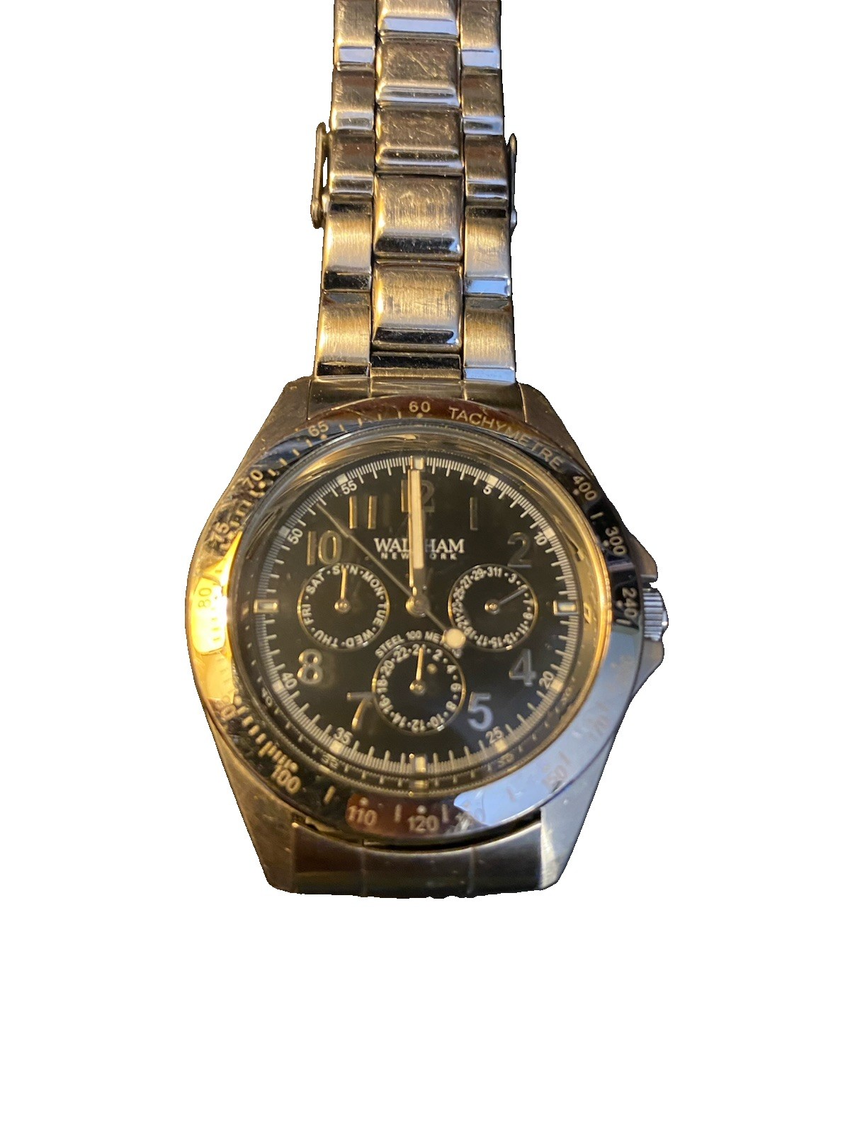 Waltham New York Men’s Quartz Black Dial Tachymeter Date 100M Steel Bracelet