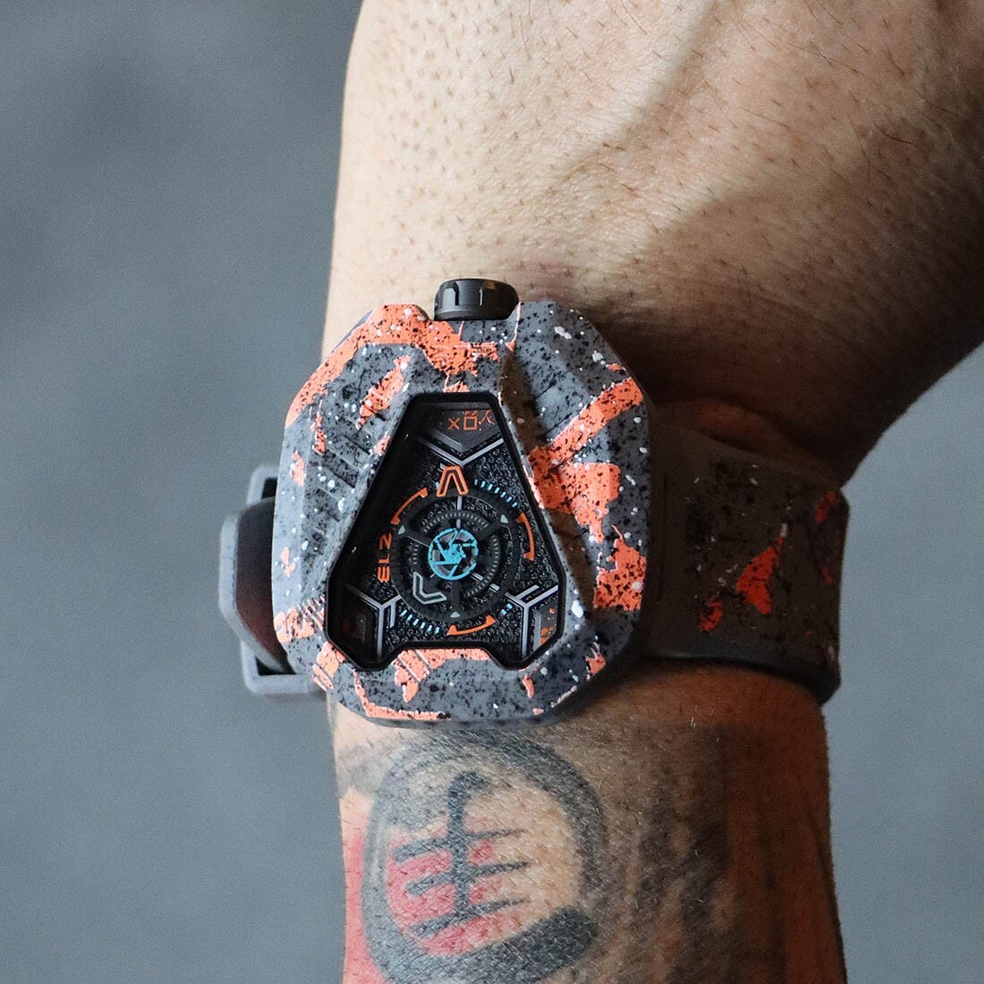 The ElectricianZ XO The Lunar Swiss Quartz Rubber Neon Orange PVD Men’s Watch