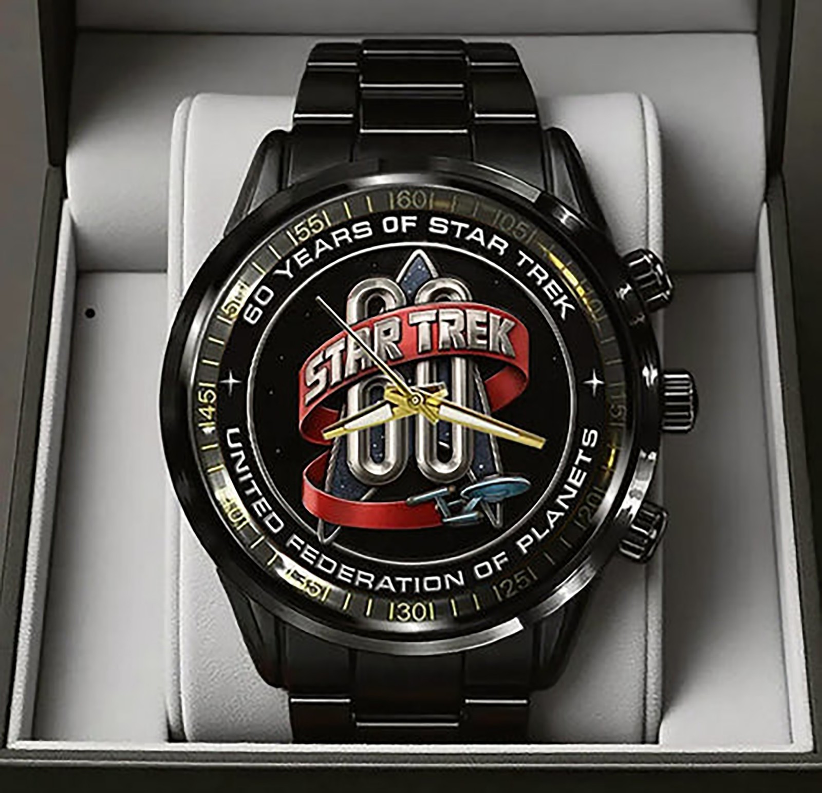 Star Trek 60th Anniversary Watch Men Black Stainless Steel Federation Gift New