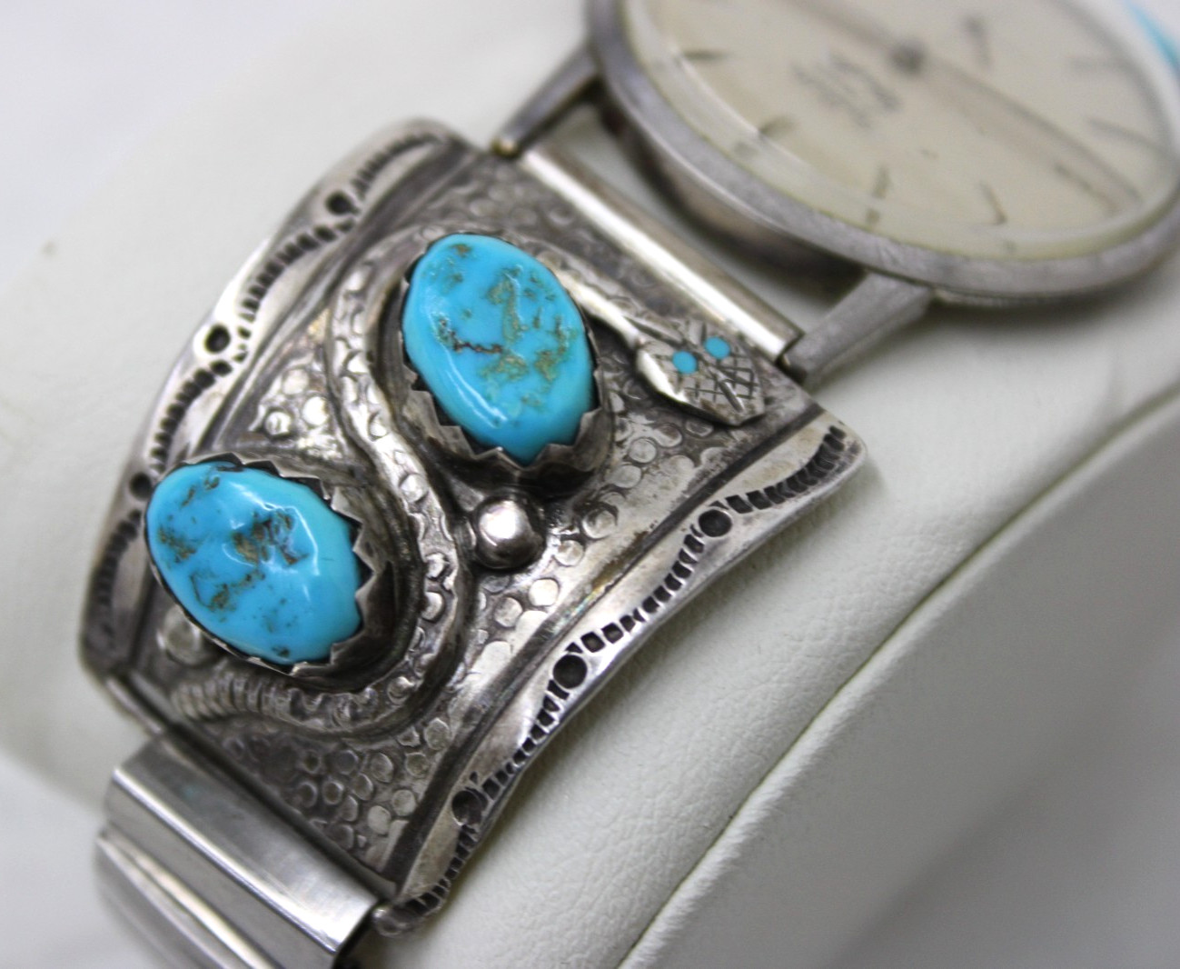 Vtg R. Nieto Zuni Sterling Turquoise Snakes Sellita 17 Jewel Mechanical Watch