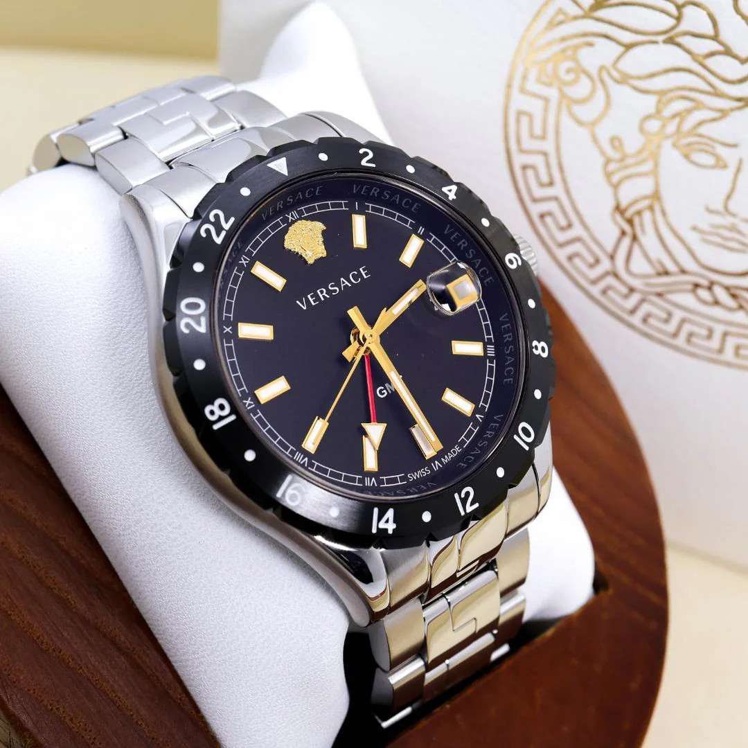 VERSACE Ve11 GMT Date Quartz Stainless Steel 42mm Silver Black Watch