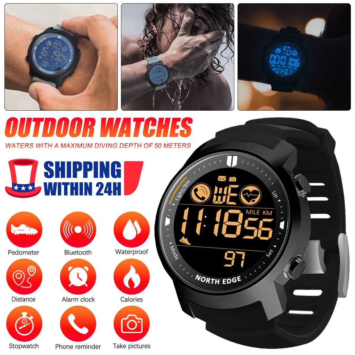 Men Sport Tactical Smart Watch Waterproof Outdoor WristWatchFor iPhone Samsung