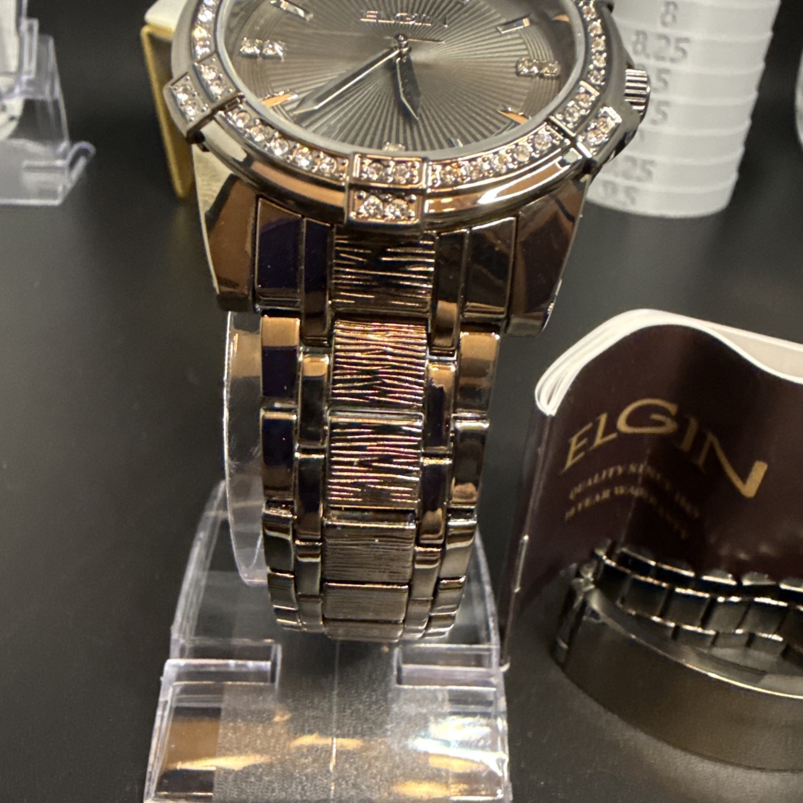 Elgin Men’s Gun Metal Watch & Matching Bracelet Set with 54 Genuine Crystals NEW