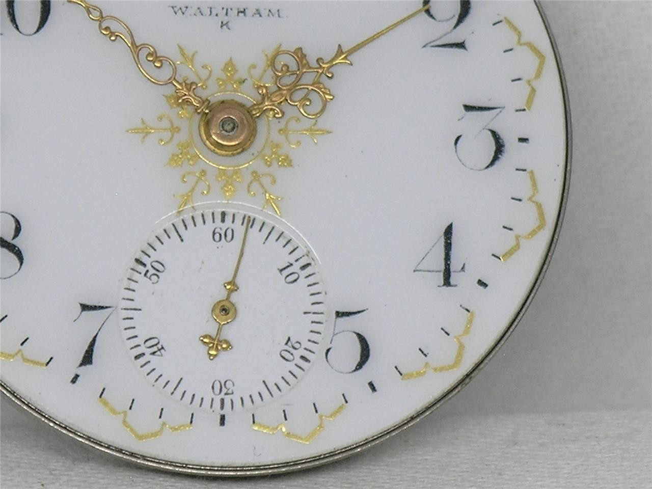 ANTIQUE 16S WALTHAM GOLD FOIL & ENAMEL FANCY DIAL POCKETWATCH MOVEMENT, RUNNING!