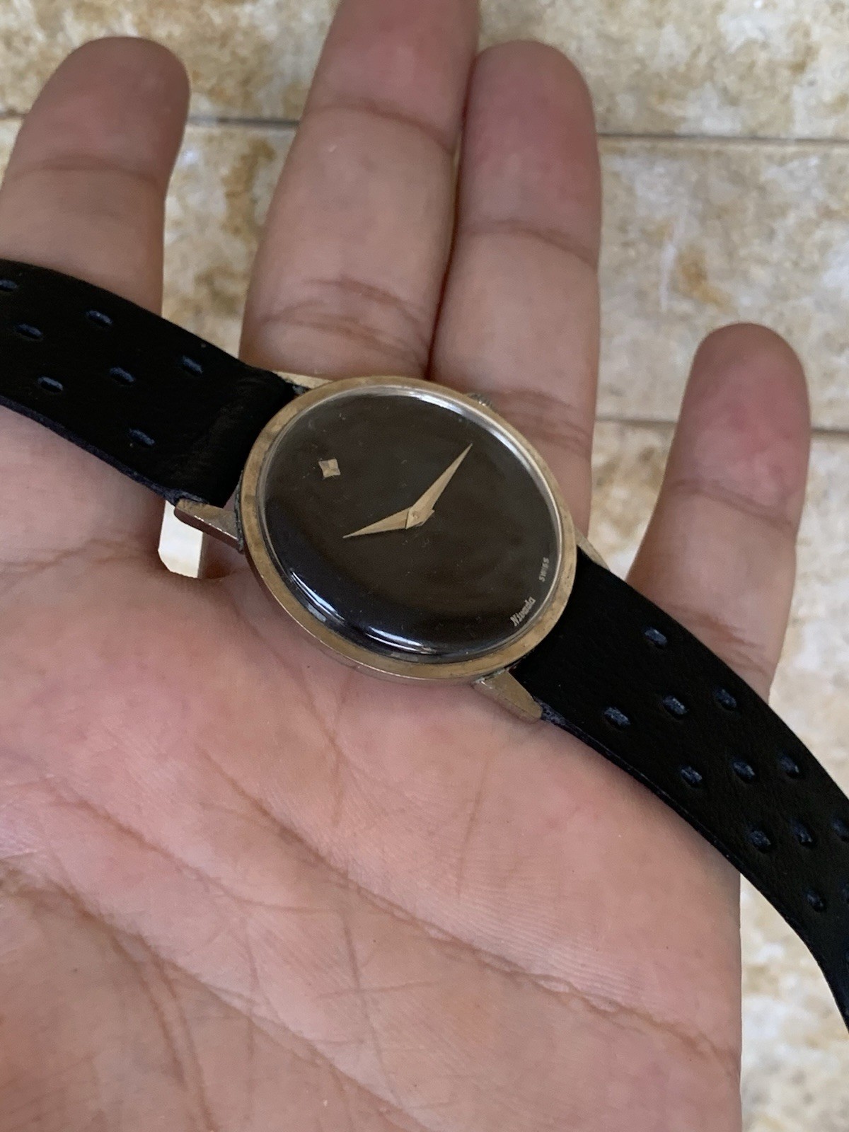 Vintage Nivada Watch Black Dial Minimalist Museum Style 1970s Swiss Manual 35mm