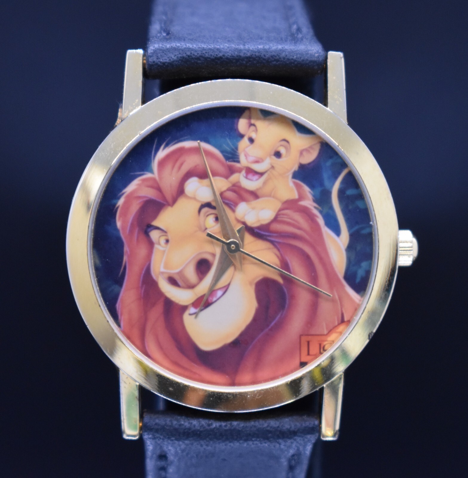 Vtg Disney THE LION KING Watch 1990s Mufasa Gold Tone leather NEW BATTERY & BAND