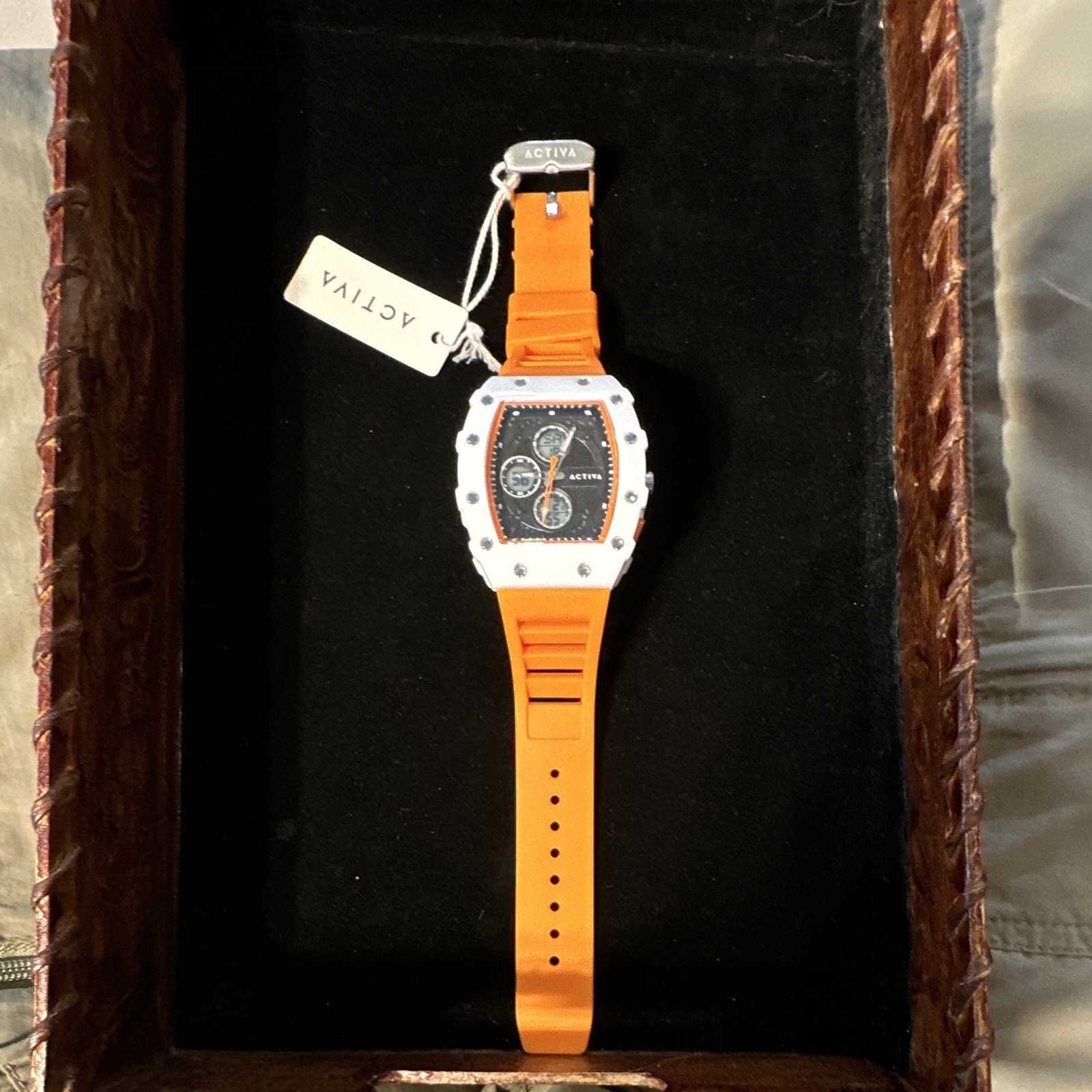 Activa Quartz Chronograph 48mm Tonneau Black/Orange Dial Orange Rubber Strap