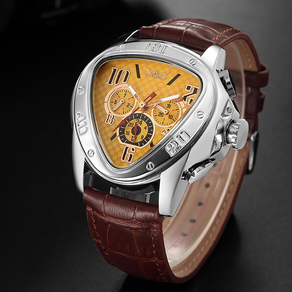 JARAGAR Mens Triangle Automatic Mechanical Watch Leather Calendar Wrist Watches