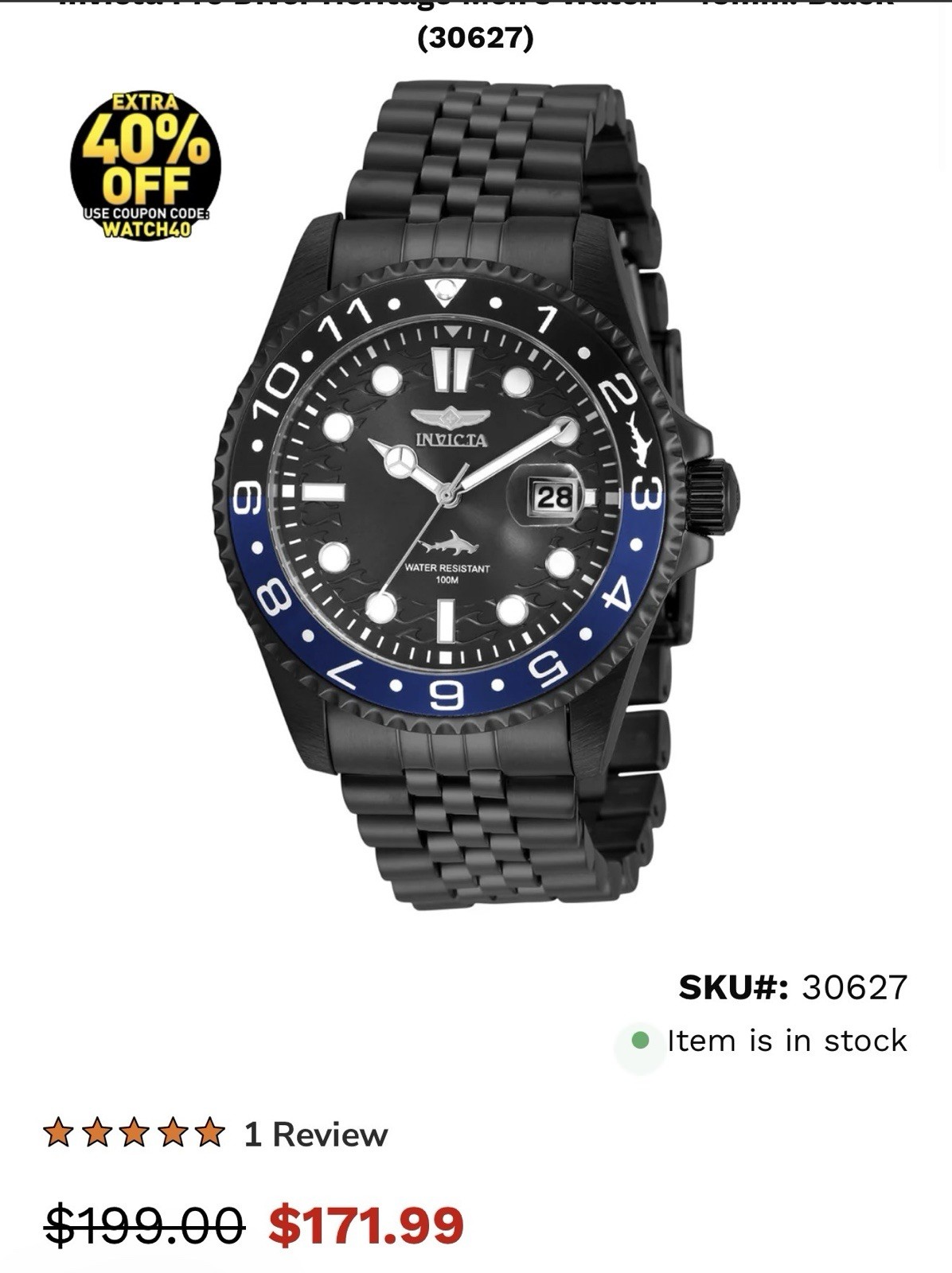 Invicta 30627 Pro Diver Heritage 43mm Quartz Watch Black Dial SS Bracelet 100M