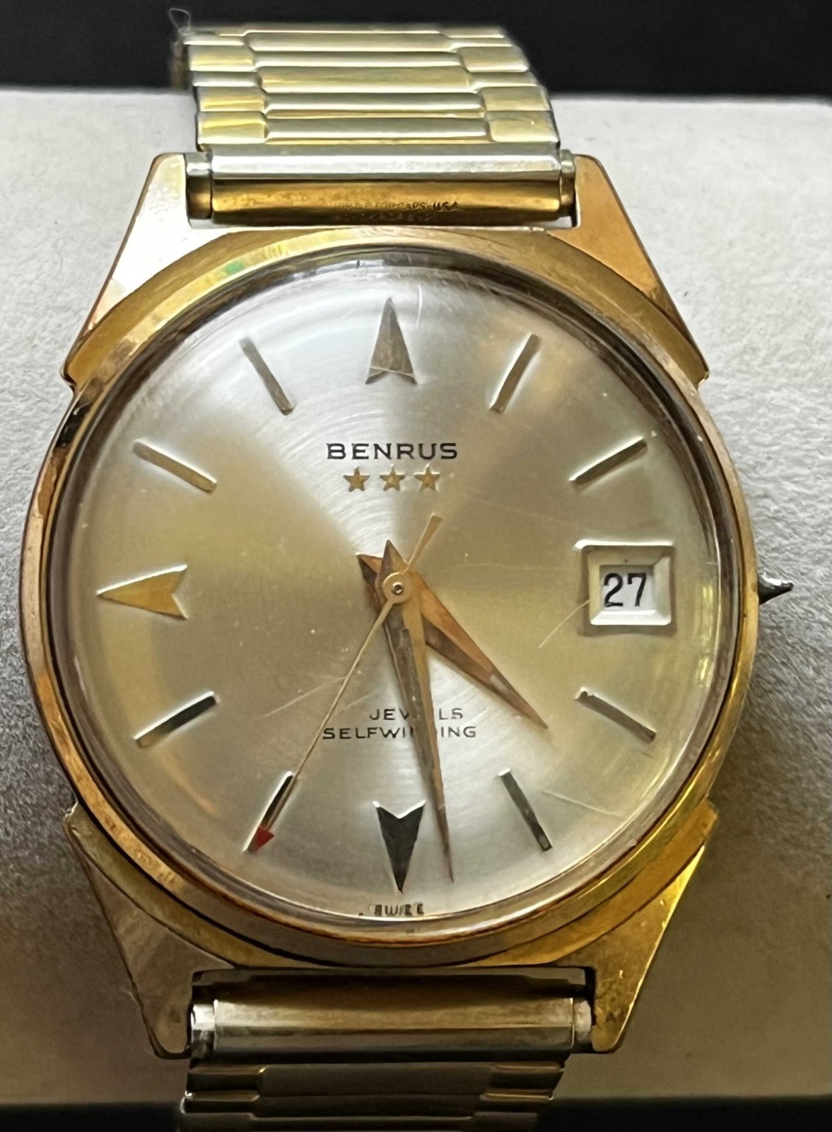 Vintage 1960s BENRUS 3 star 20 micron gold plated Mens Automatic Date Watch Runs