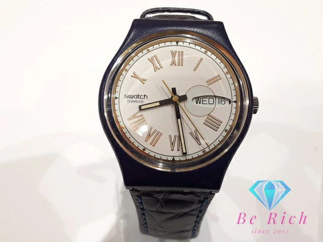 Swatch Day-Date Watch S17 8727 White Navy Plastic Resin Leather Bracelet Analog