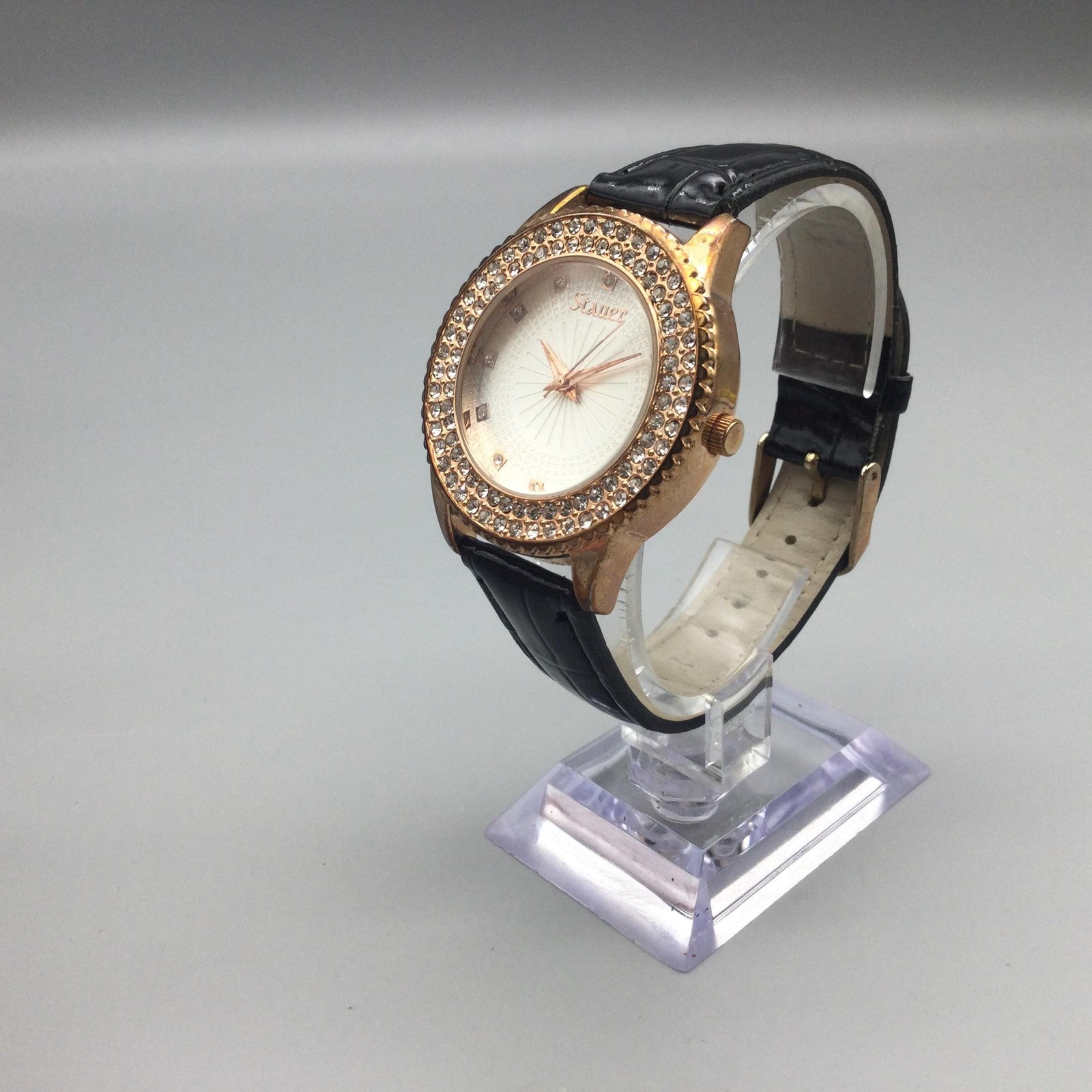 Stauer Watch Womens 38mm Crystal Bezel Rose Gold Tone Leather Band New Battery