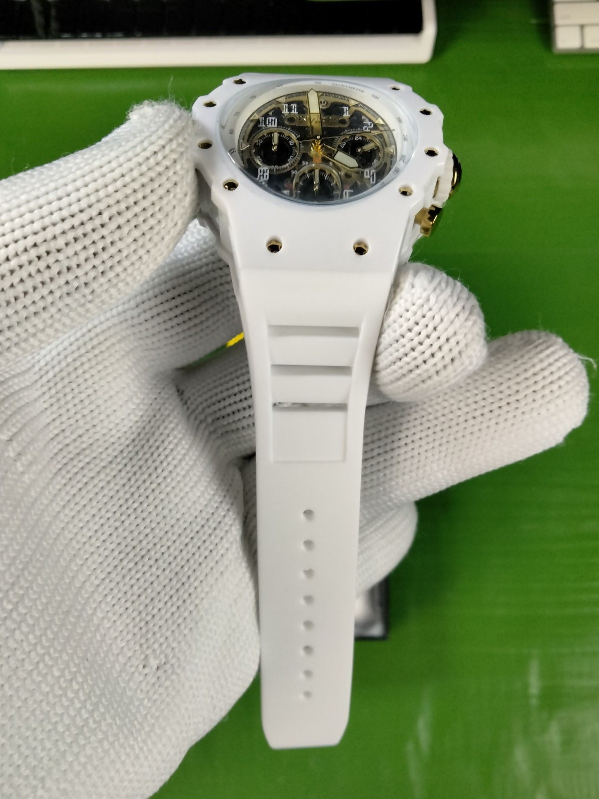 Invicta Racing 69649 Men White Skeleton Gold Dial Silicone Quartz Watch 43.5 mm