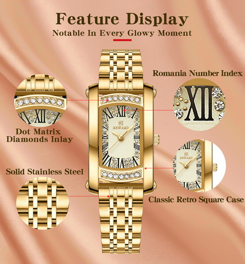 REWARD Women’s Rectangle Business Casual Diamond Waterproof Quartz Wristwatch
