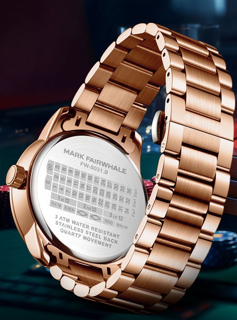 MARK FAIRWHALE Men’s Rose Gold Rotatable Roulette Dial Luminous Quartz Watch Boy