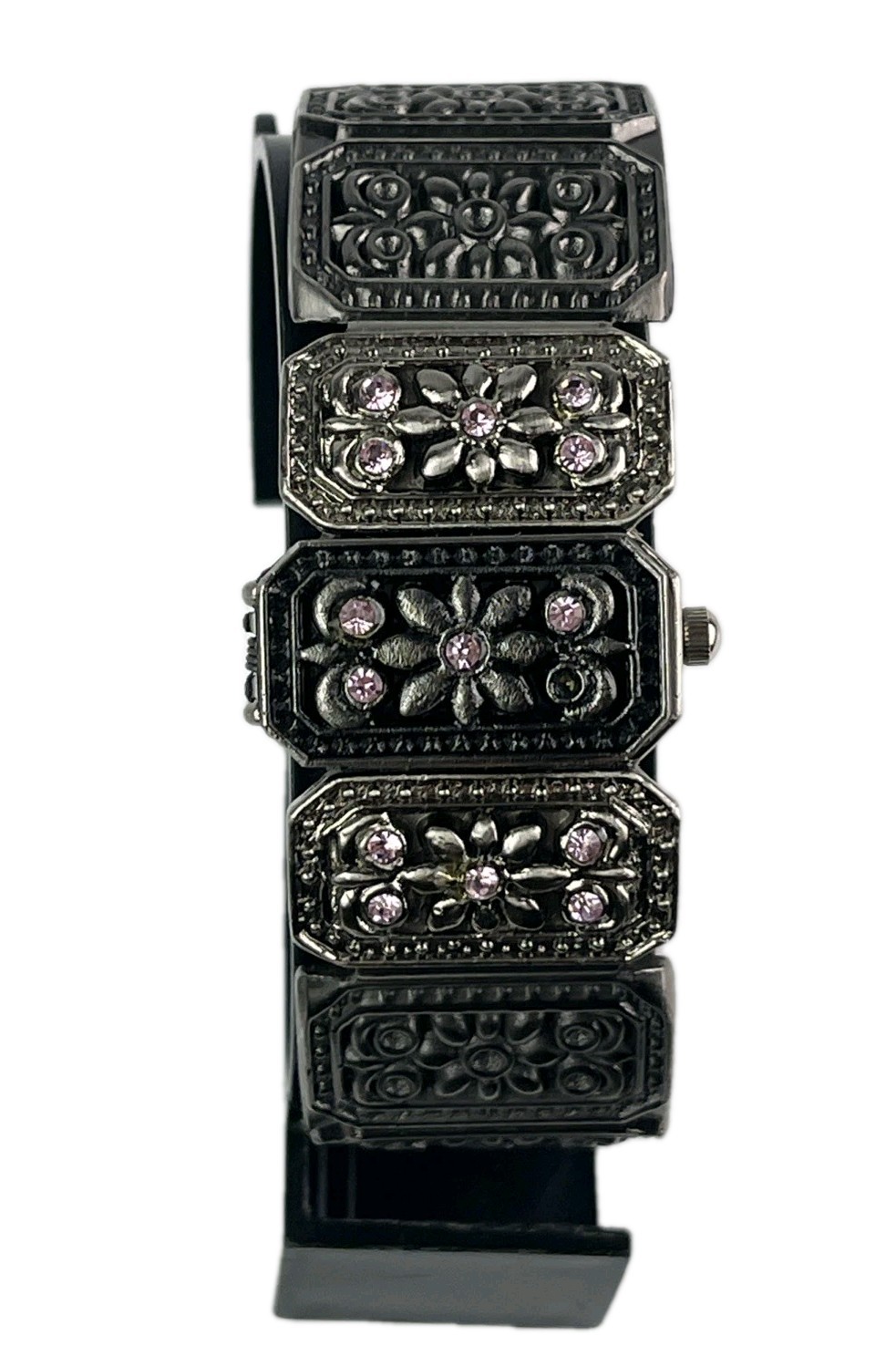 Hidden Dial Watch Women’s 24mm Gunmetal Floral Gemmed Open Cuff Band New Battery