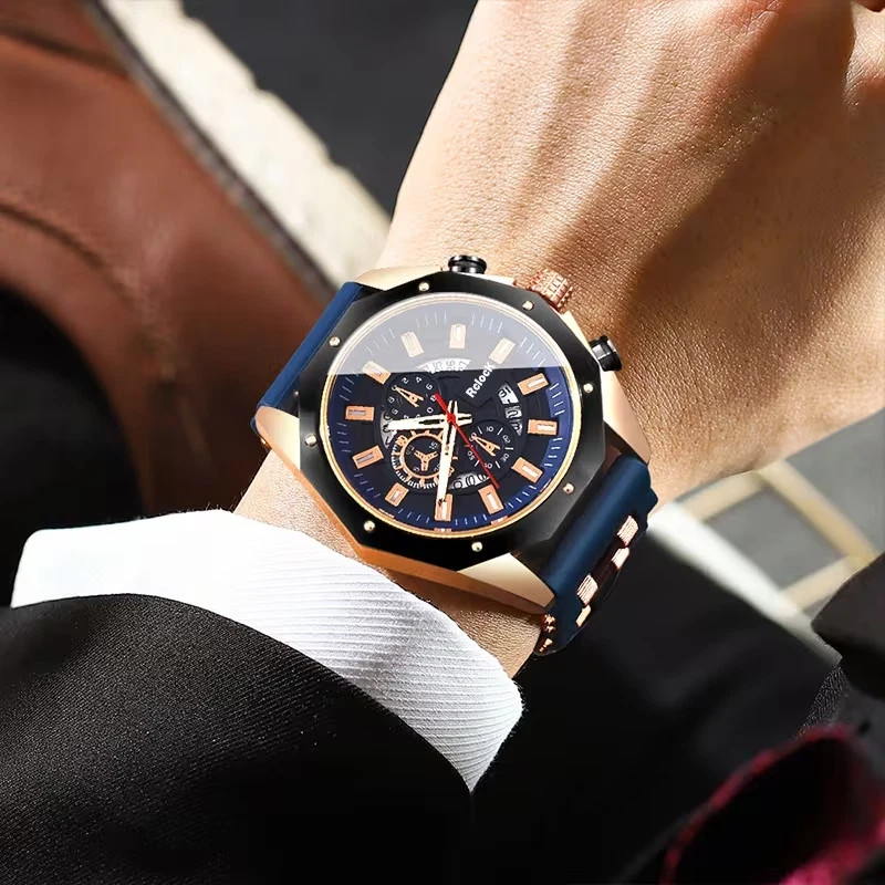 Men’s Quartz Watch Blue & Rose Gold Tone Silicone Strap Chronograph & Date