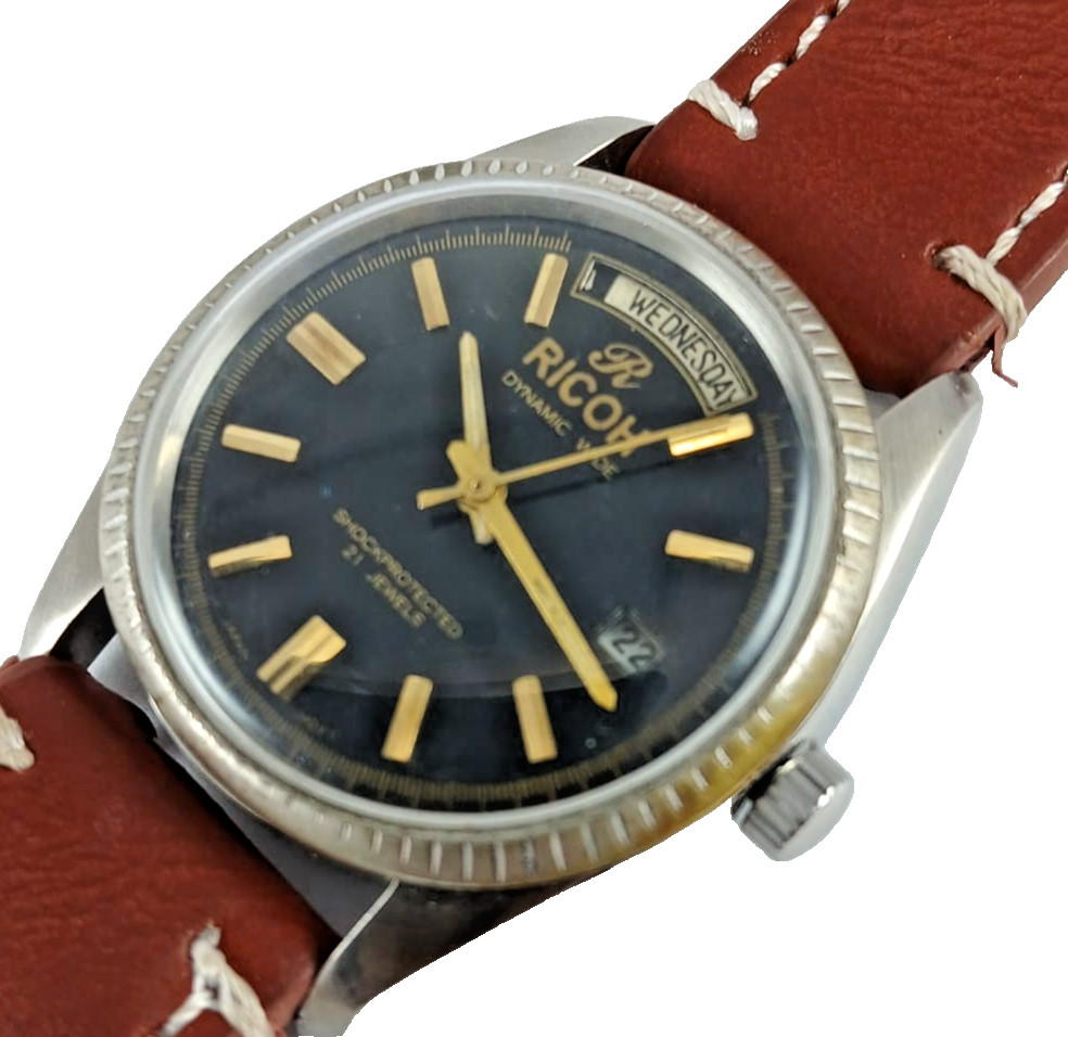 Vintage Ricoh Dynamic Wide Automatic Day Date 21 Jewels Men’s Wrist Watch Japan