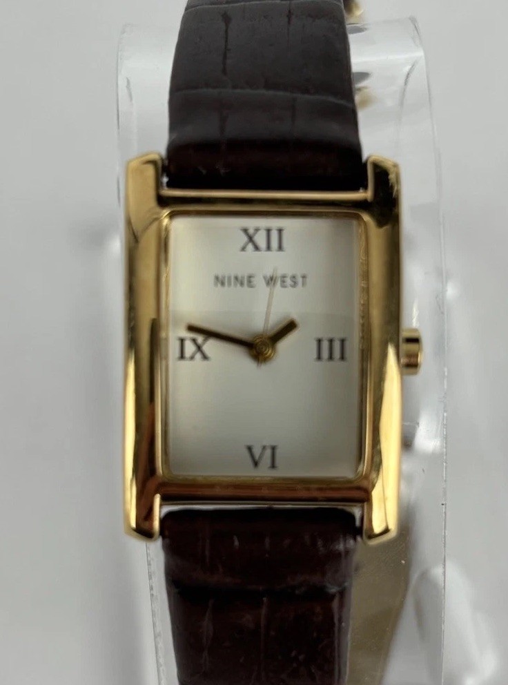 Nine West 9W/1246 20mm Gold Tone Quartz Watch w/Brown Leather Band &New Battery