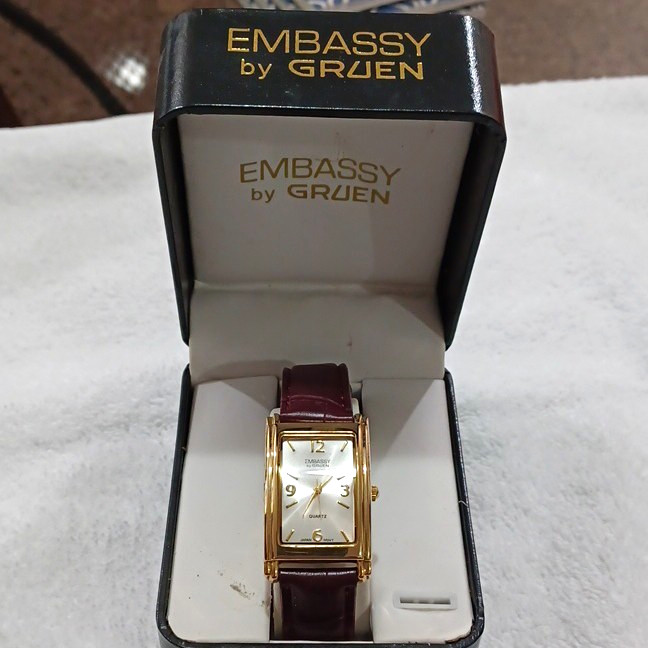 Gruen Embassy Quartz Rectangular Gold Tone Watch Brown Leather Strap w/ Box